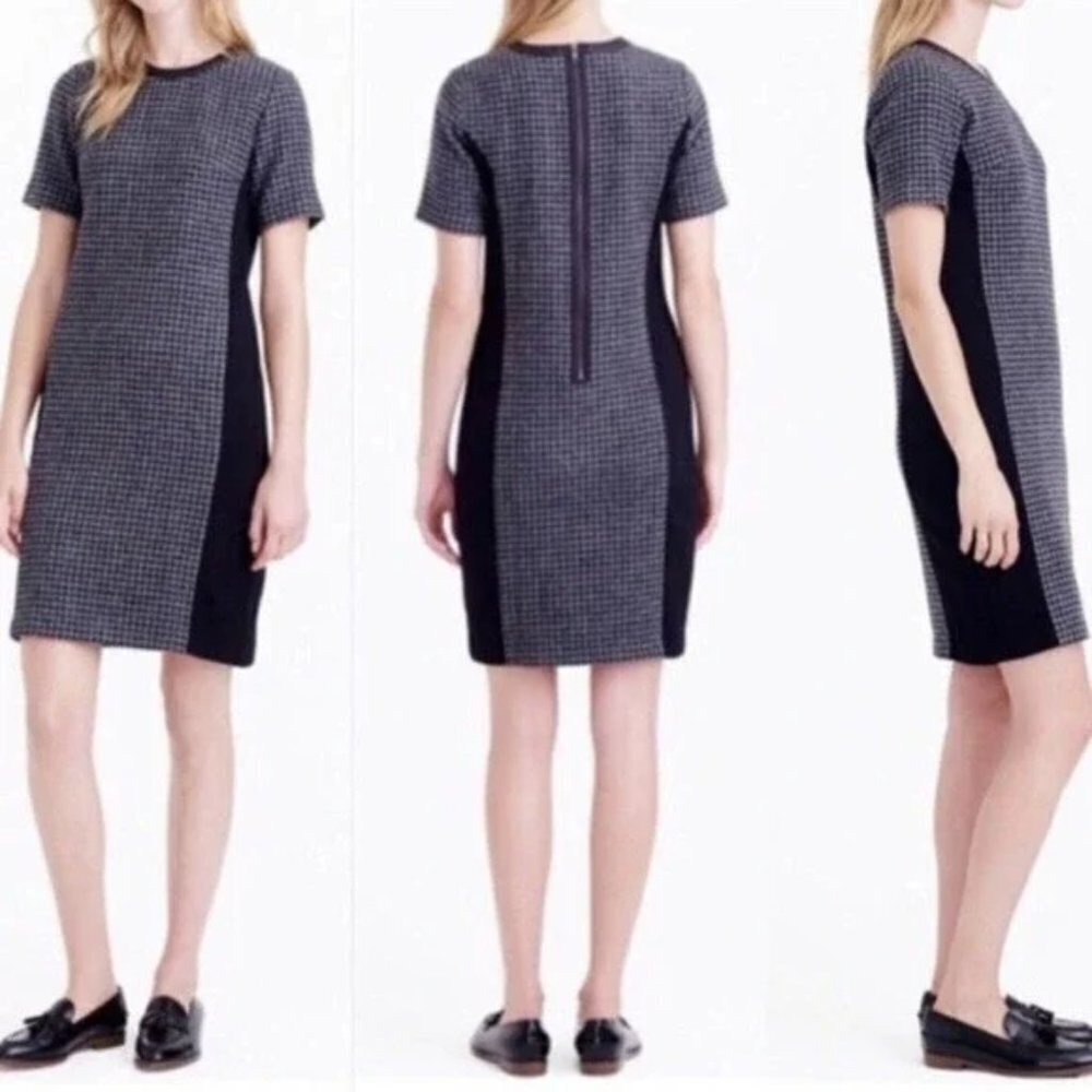 J. Crew Gray Black Tweed Wool Mixed Hounds Tooth Leather Collar Shift Dress Sz 6